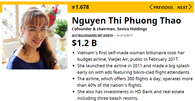 Thông tin về bà Nguyễn Thị Phương Thảo trên Forbes